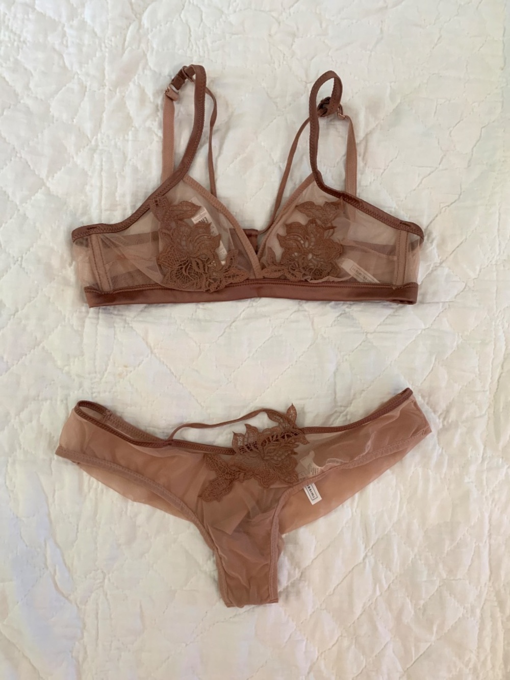 Rare Intimissmi Bra Panty Set Nude Beige Brown Lace Mesh 32B Small